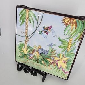 Vtg Hand Painted Signed Ceramic Tile Tropical Mythical Birds Deer‎ 6" On Wood